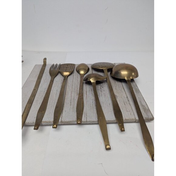 Brass Vintage Set 6 Utensils With Hanger Strainer Ladle Spatula French Country - Picture 4 of 7